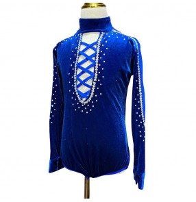 Boys kids royal blue velvet turtle neck competition latin dance shirts children salsa waltz tango ballroom latin dancing body tops 